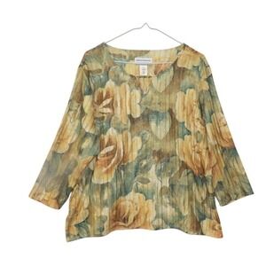 Alfred Dunner Womens PXL Floral Blouse Yellow Green Metallic Ribbed 3/4 Sleeve